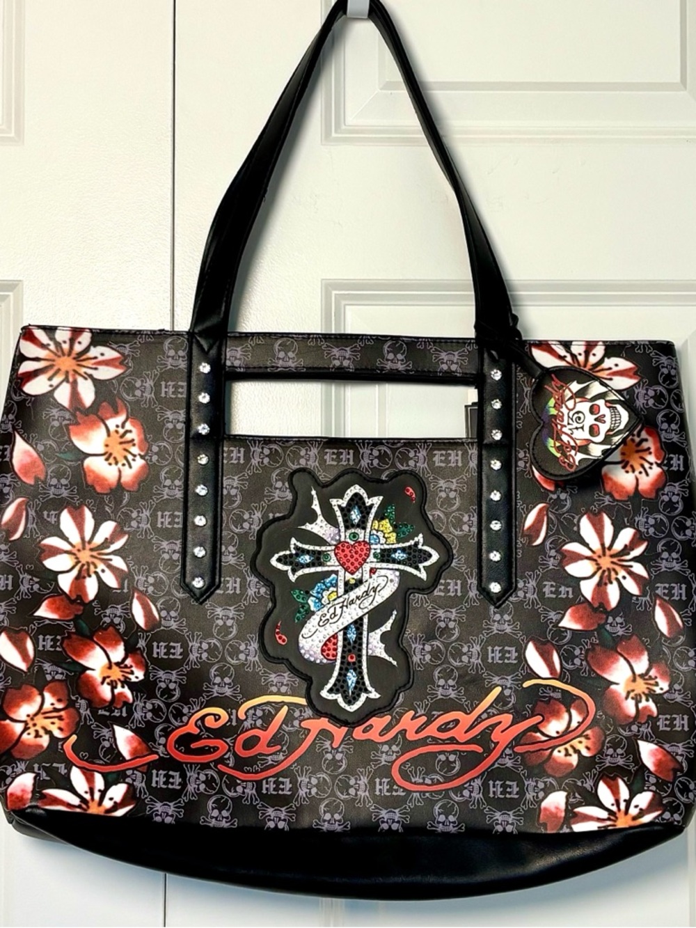 Ed Hardy Black Cross Skull Floral Crystal Studded XL Tote Handbag